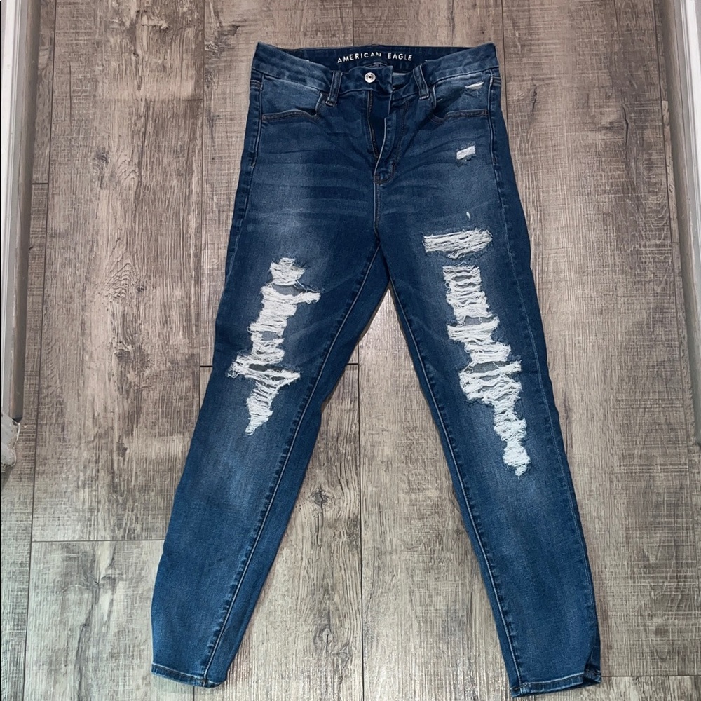 American Eagle Outfitters Women's Dark Blue Ripped Skinny Jeans